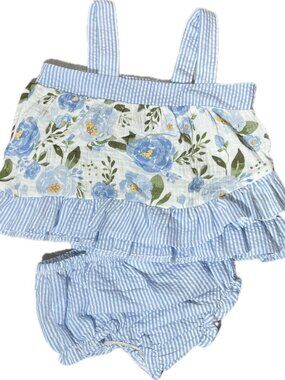 Mud Pie 9-12m NWOT blue hydrangea pinafore seersucker bloomer set floral flower